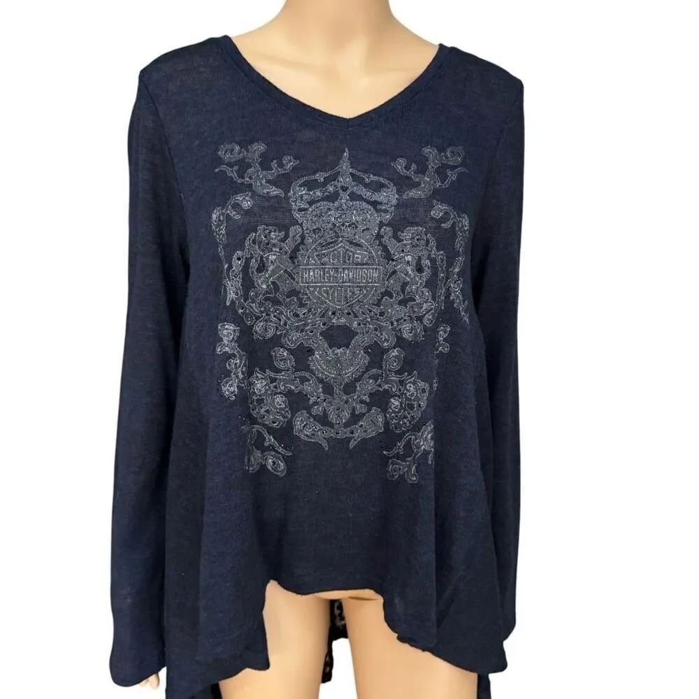 Harley Davidson Women's Size XL Rhinestone Logo See Through Lace Back Top navy